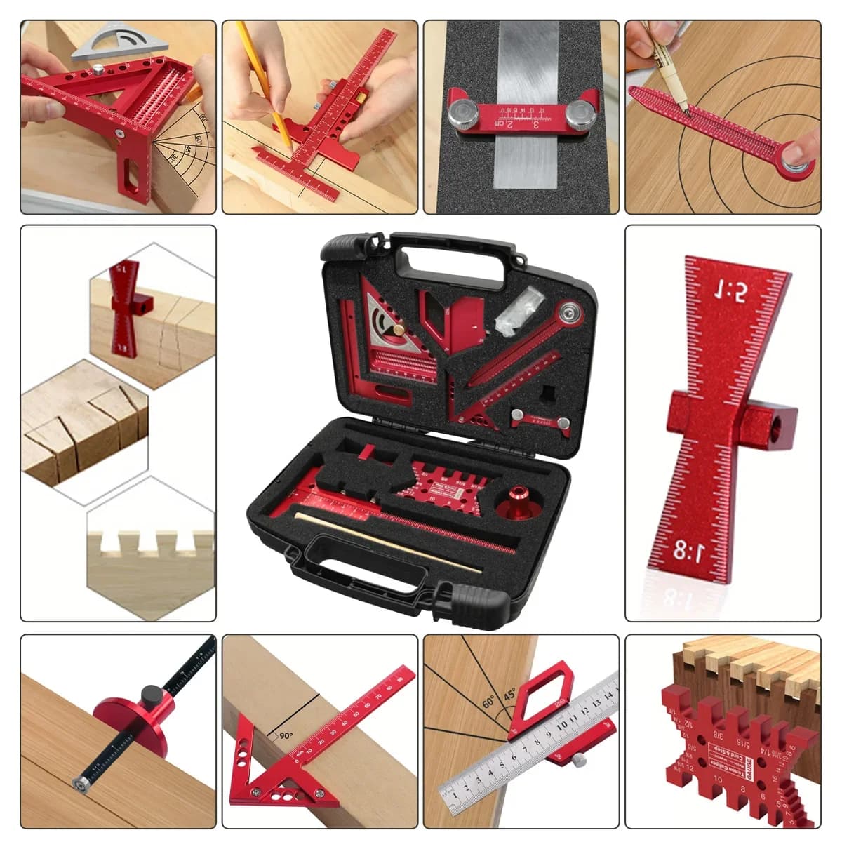 10-Piece Woodworking Square Kit with Scribing Ruler and Compass