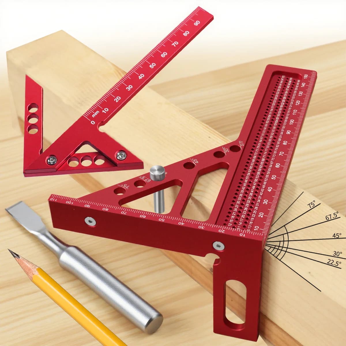 2-Pack Metric Woodworking Triangle Ruler and Scriber