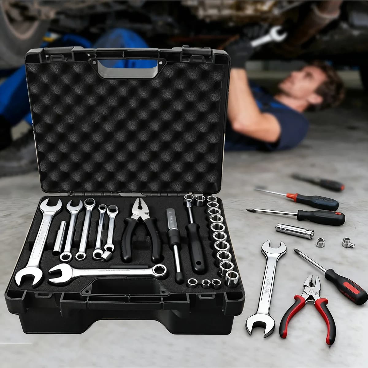 Plastic Portable Car Repair Tool Box with Sponge