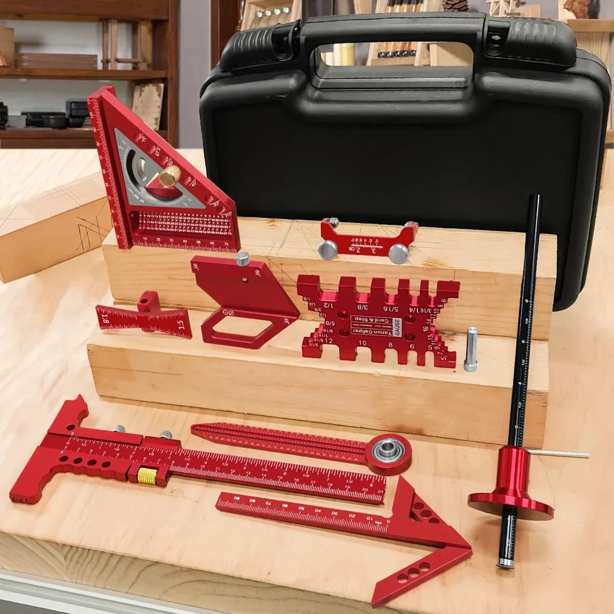 10-Piece Woodworking Square Kit with Scribing Ruler and Compass