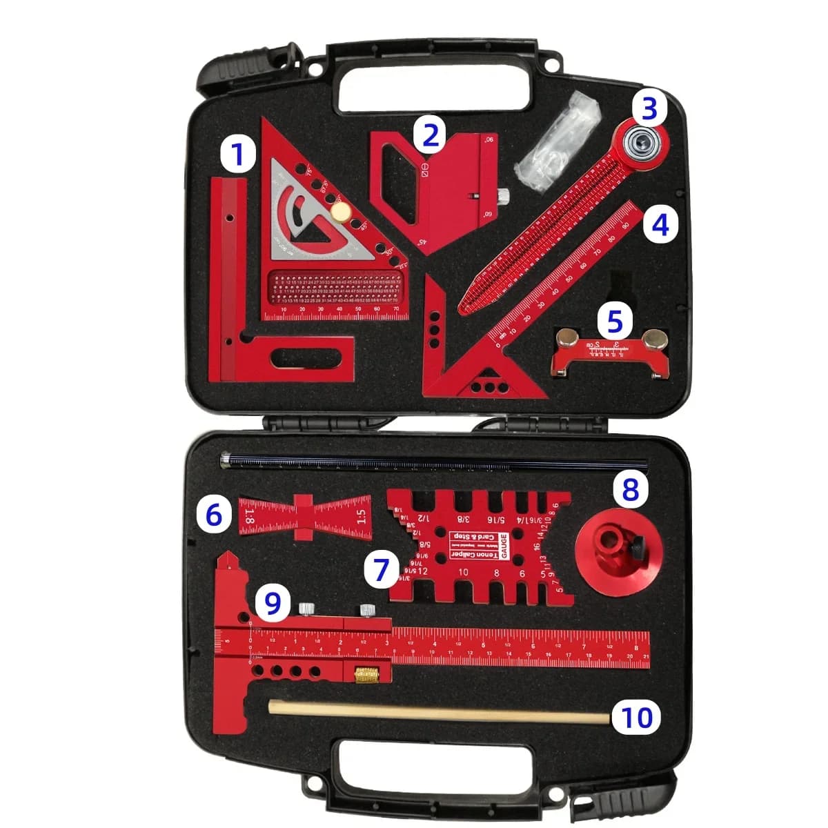 10-Piece Woodworking Square Kit with Scribing Ruler and Compass