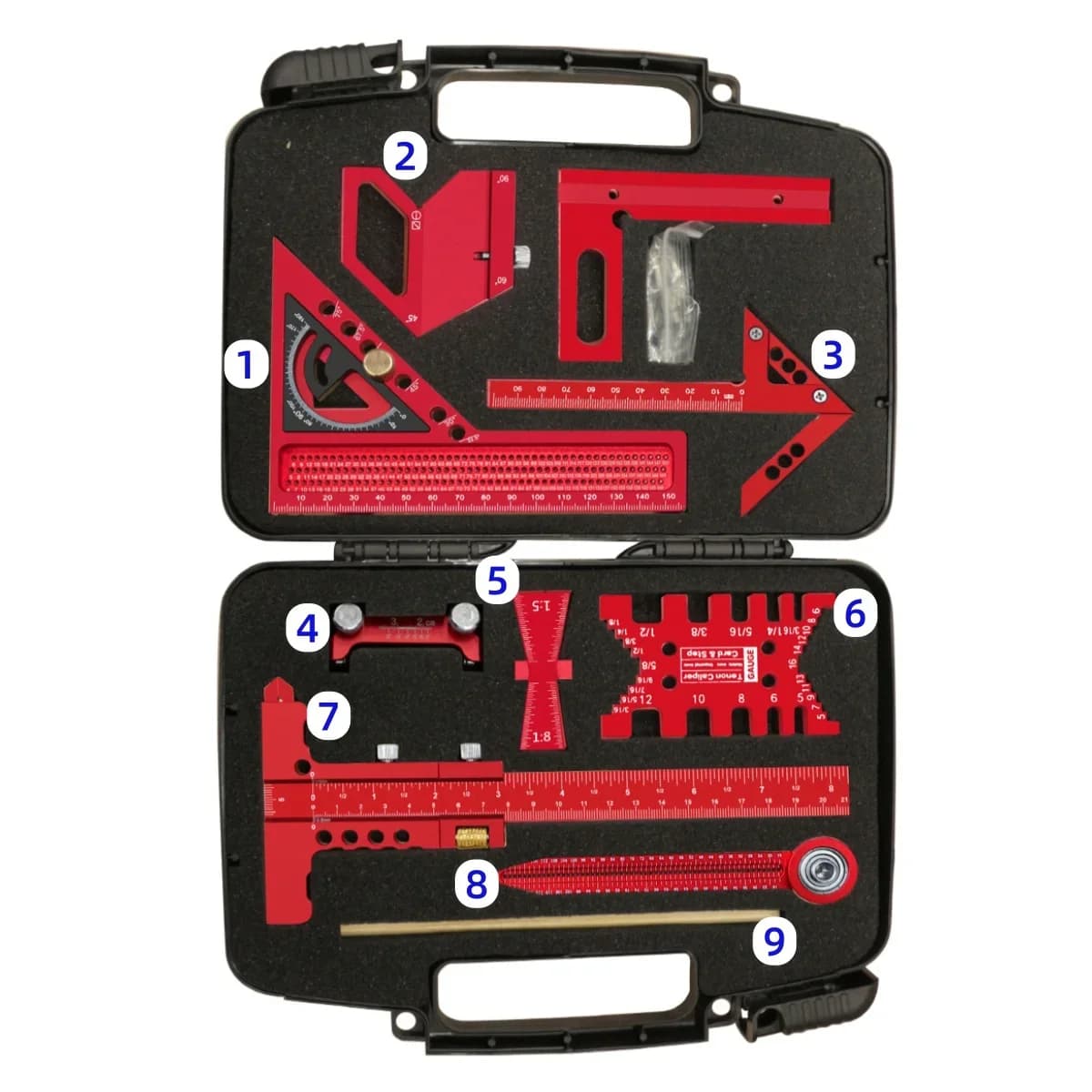 9-Piece Woodworking Square Kit with Compass and Honing Guide